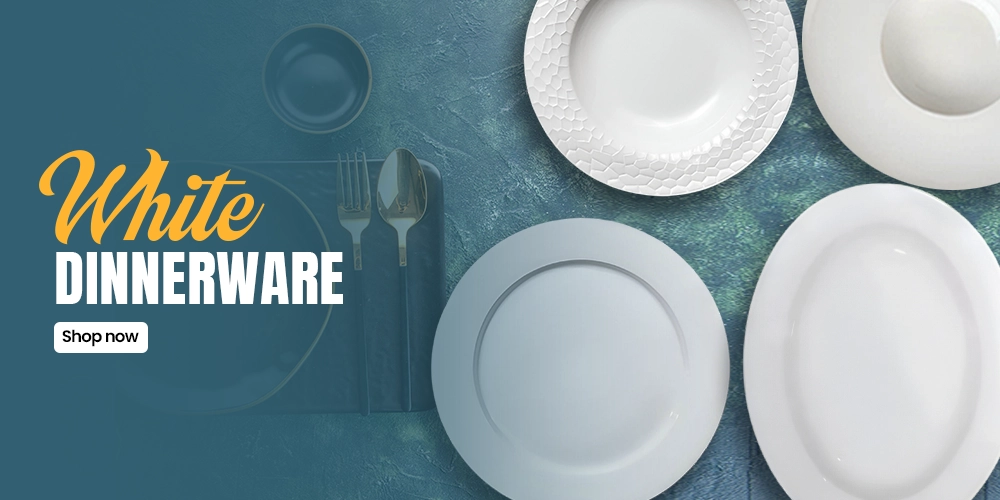 Banner showing white dinnerware collection including plates and bowls, designed for elegant dining presentations in restaurants and homes.